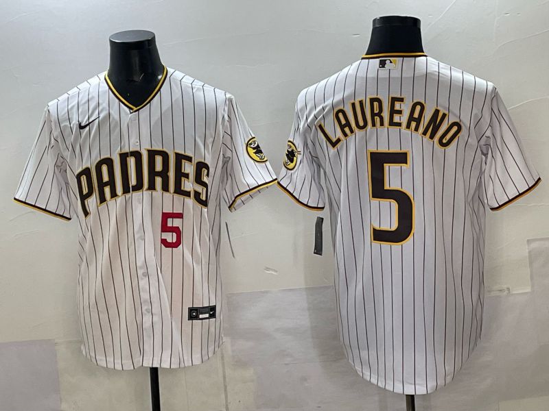 Men San Diego Padres #5 Laureano White Stripe Nike 2025 MLB Jersey 01